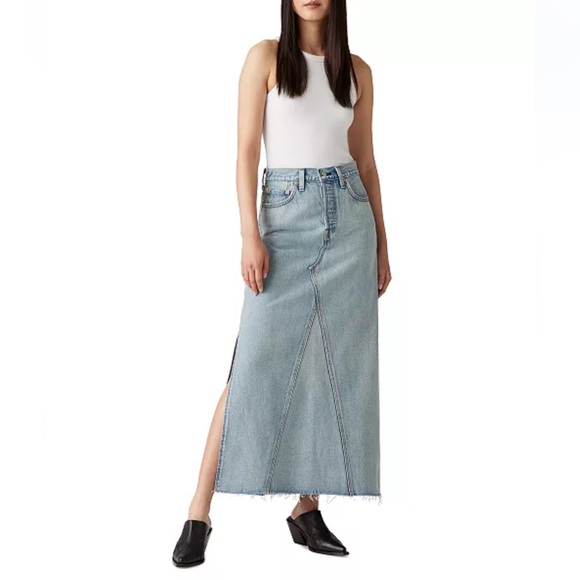 Levi's Women's Cotton Iconic Classic Blue Side-Slit Maxi Skirt Size 26 - Picture 1 of 12